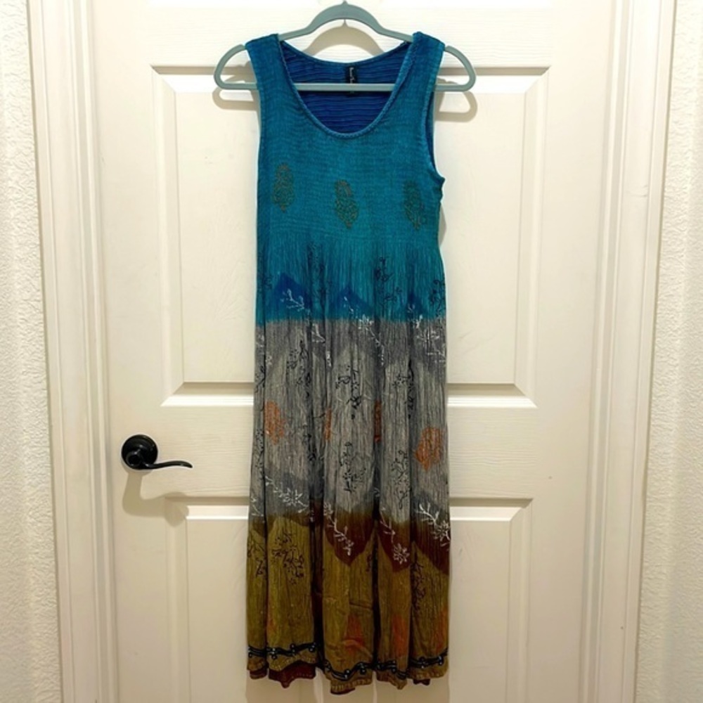 Sacred Threads Turquoise Ombre Tribal Print Smocked Tank Top Dress